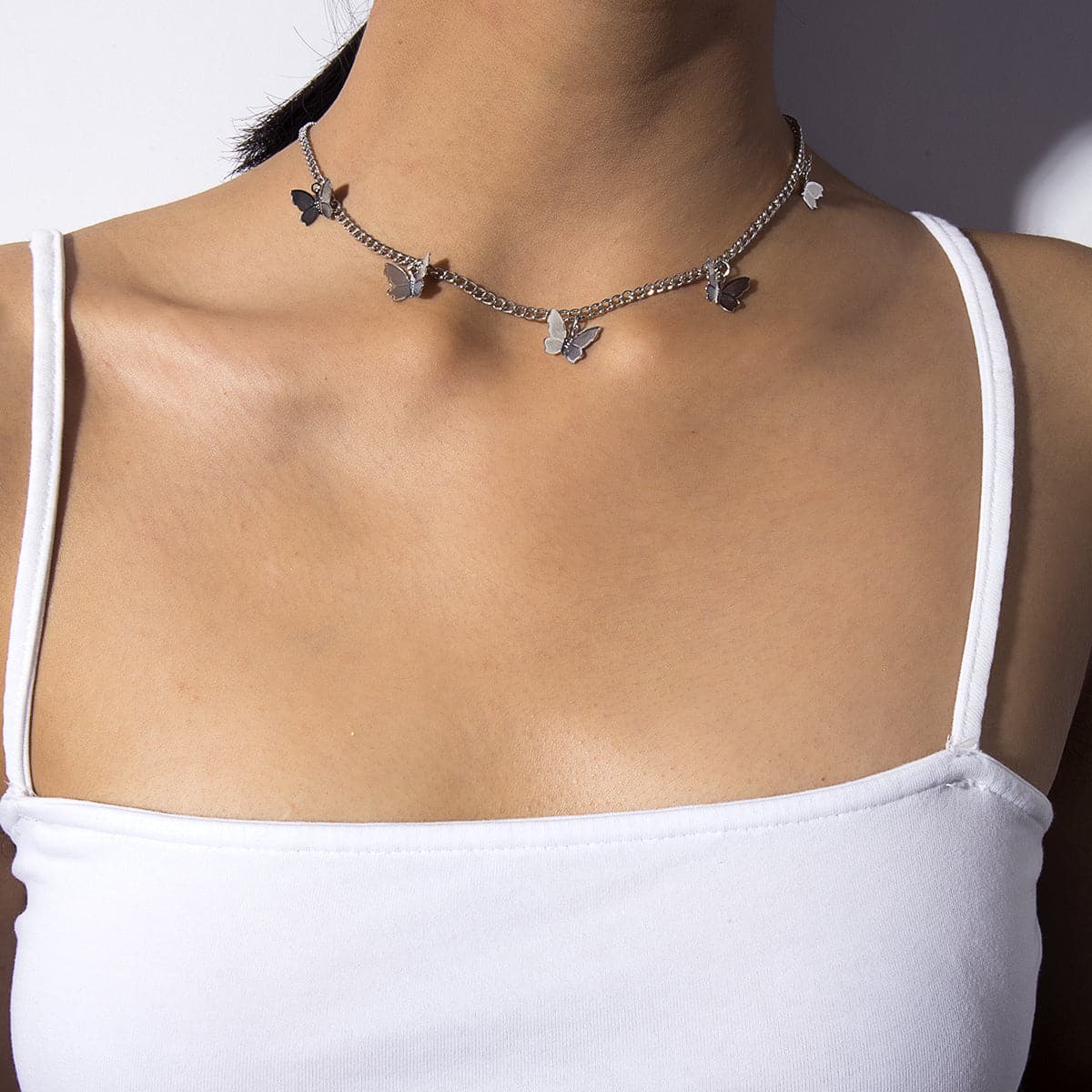 Silver-Plated Butterfly Station Choker Necklace, silver pendant necklace for women, everyday style, styled look