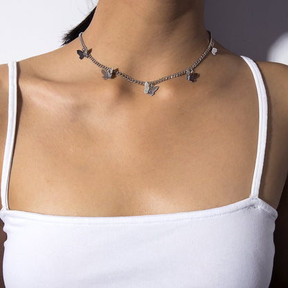 Silver-Plated Butterfly Station Choker Necklace, silver pendant necklace for women, everyday style, styled look