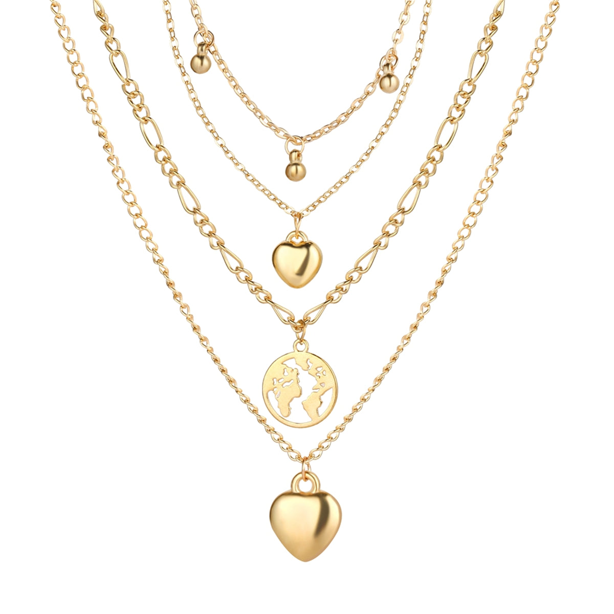 18K Gold-Plated Heart Map Layered Pendant Necklace, gold pendant necklace for women, dainty minimalist design, front view
