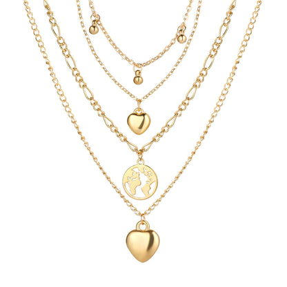 18K Gold-Plated Heart Map Layered Pendant Necklace, gold pendant necklace for women, dainty minimalist design, front view
