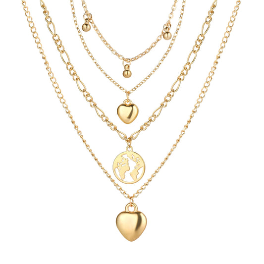 18K Gold-Plated Heart Map Layered Pendant Necklace, gold pendant necklace for women, dainty minimalist design, front view