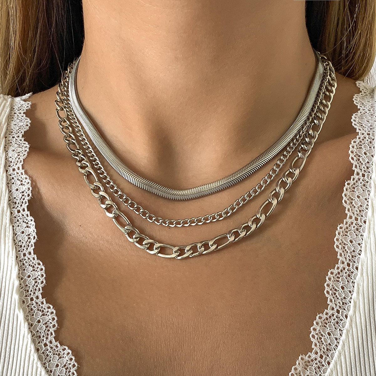 Silver-Plated Snake & Curb Chain Necklace Set