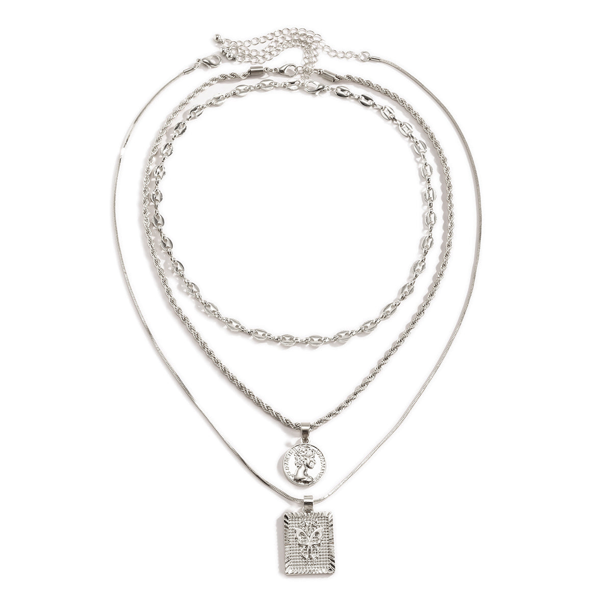 Silver-Plated Coin and Butterfly Layered Pendant Necklace, jewelry gift sets for women, botanical inspired, detail close-up