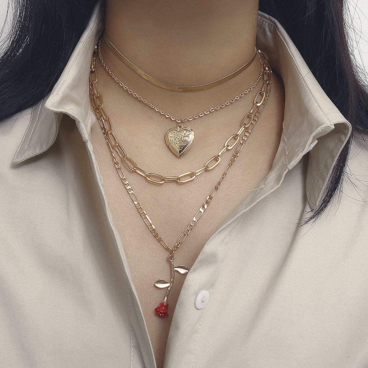 Red Enamel and 18K Gold-Plated Rose Heart Layered Pendant Necklace, gold pendant necklace for women, detail close-up