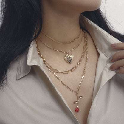 Red Enamel and 18K Gold-Plated Rose Heart Layered Pendant Necklace, gold pendant necklace for women, lifestyle look