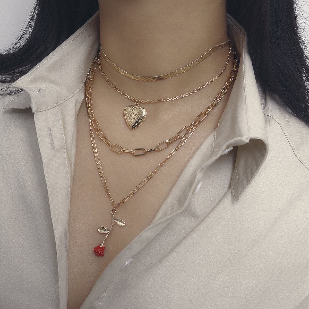Red Enamel & 18K Gold-Plated Rose Heart Layered Pendant Necklace