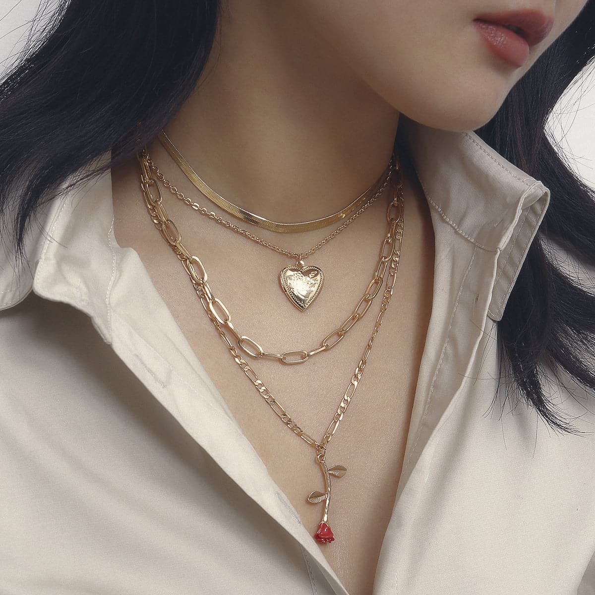 Red Enamel and 18K Gold-Plated Rose Heart Layered Pendant Necklace, gold pendant necklace for women, side view