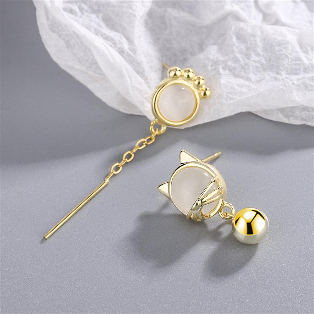 White Cat Eye and 18K Gold-Plated Kitty Mismatching Drop Earrings, gold drop earrings for women, everyday style, side view