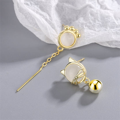 White Cat Eye and 18K Gold-Plated Kitty Mismatching Drop Earrings, gold drop earrings for women, everyday style, side view
