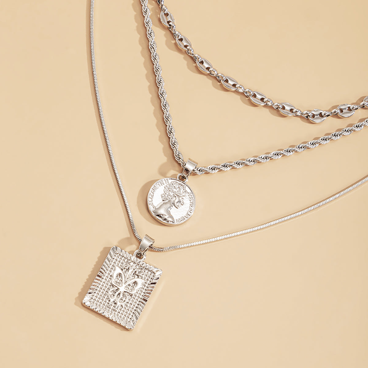 Silver-Plated Coin and Butterfly Layered Pendant Necklace, jewelry gift sets for women, botanical inspired, styled look