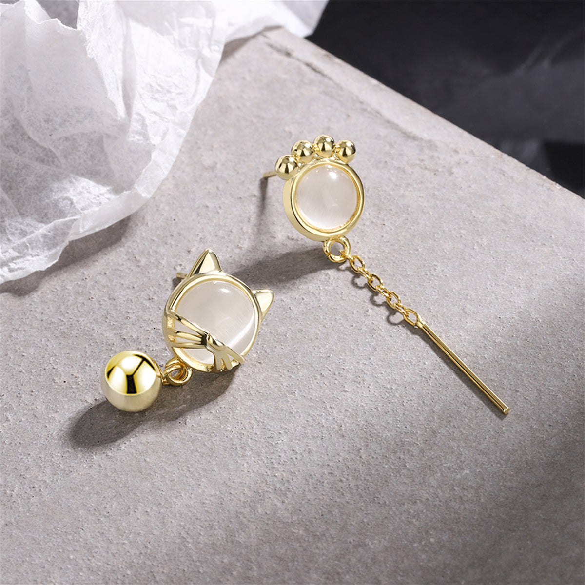 White Cat Eye and 18K Gold-Plated Kitty Mismatching Drop Earrings, gold drop earrings for women, detail close-up