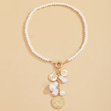 Imitation Pearl & Goldtone Beaded Coin Pendant Necklace