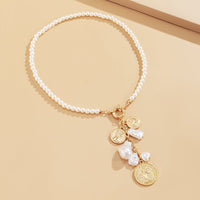 Imitation Pearl & Goldtone Beaded Coin Pendant Necklace