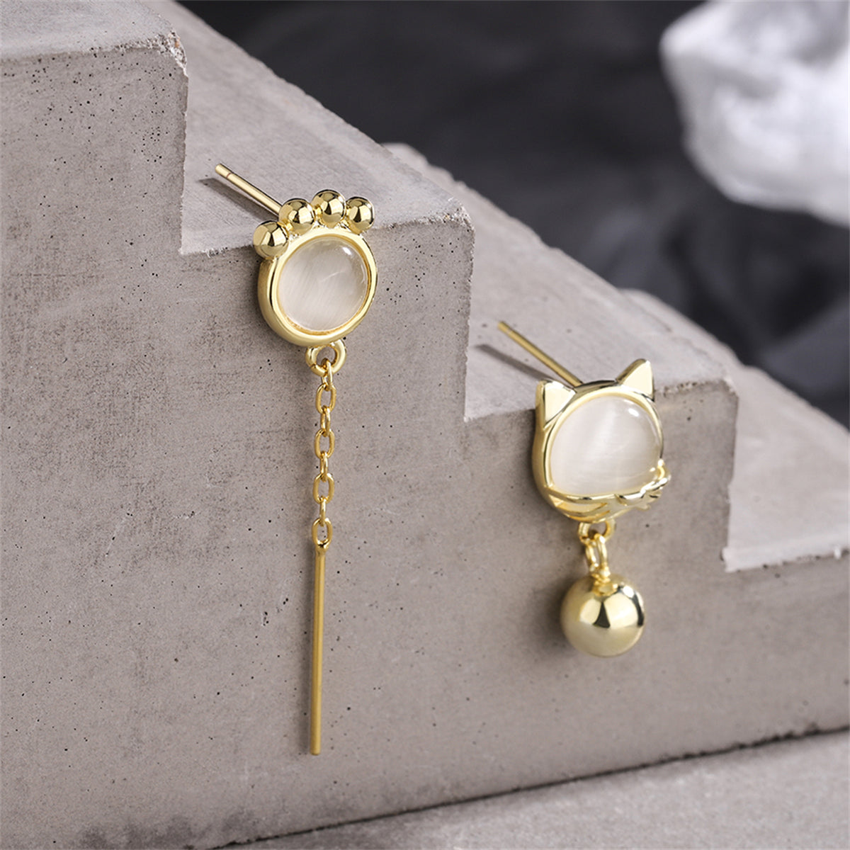 White Cat Eye and 18K Gold-Plated Kitty Mismatching Drop Earrings, gold drop earrings for women, everyday style, front view
