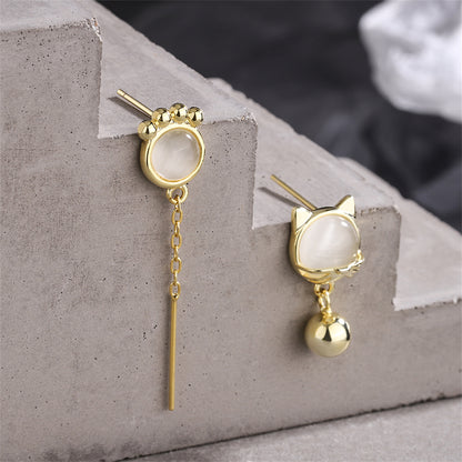 White Cat Eye and 18K Gold-Plated Kitty Mismatching Drop Earrings, gold drop earrings for women, everyday style, front view