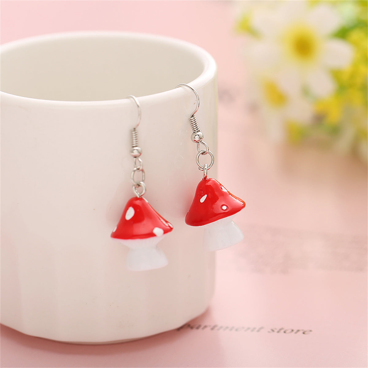 Red Resin and Silver-Plated Dot Mushroom Drop Earrings, silver drop earrings for women, everyday style, side view