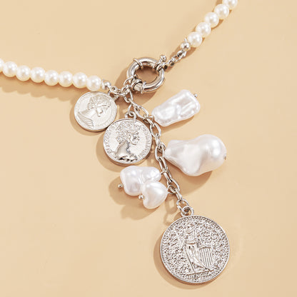 Pearl and Silver-Plated Coin Drop Necklace, silver pendant necklace for women, vintage-inspired design, styled look