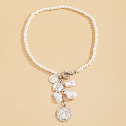 Pearl and Silver-Plated Coin Drop Necklace, silver pendant necklace for women, vintage-inspired design, detail close-up