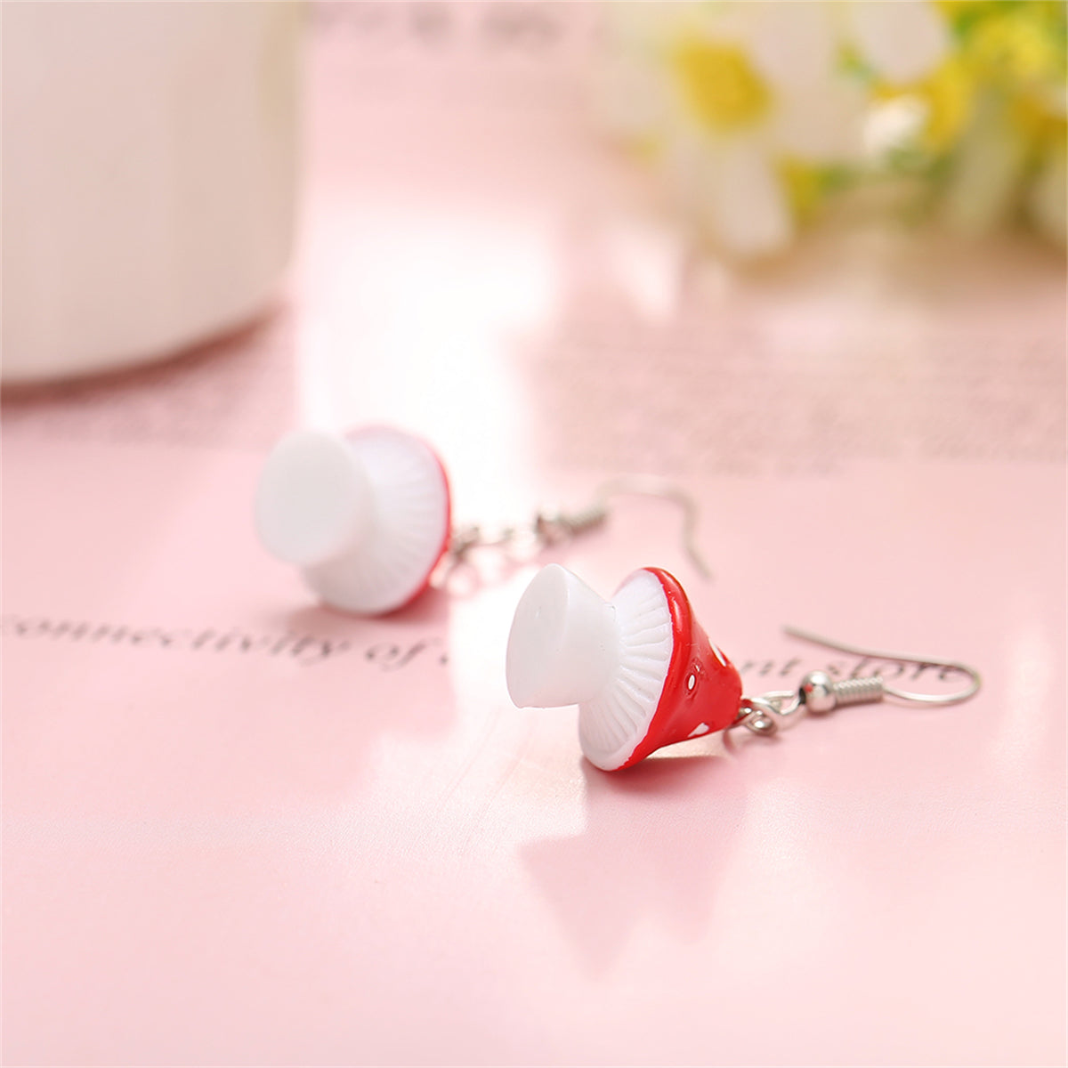 Red Resin and Silver-Plated Dot Mushroom Drop Earrings, silver drop earrings for women, everyday style, lifestyle look