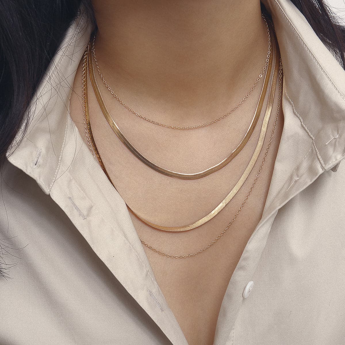 18K Gold-Plated Snake Chain Layered Necklace, gold pendant necklace for women, everyday style, side view