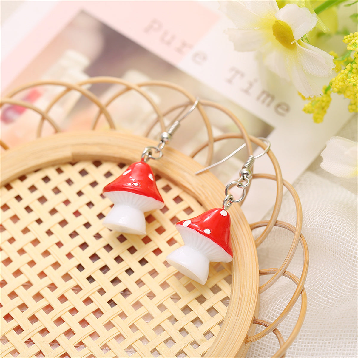 Red Resin and Silver-Plated Dot Mushroom Drop Earrings, silver drop earrings for women, everyday style, styled look