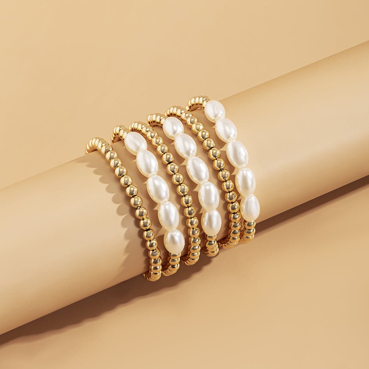 Pearl & 18K Gold Plated Beaded Stretch Bracelet Set