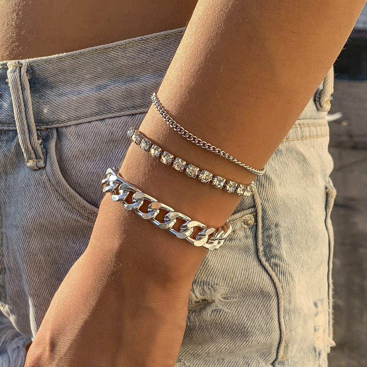 Cubic Zirconia & Silver-Plated Curb Chain Bracelet Set