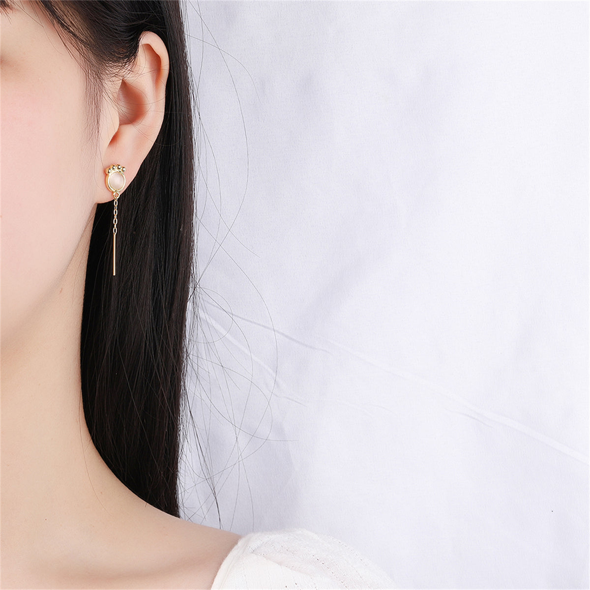 White Cat Eye and 18K Gold-Plated Kitty Mismatching Drop Earrings, gold drop earrings for women, lifestyle look