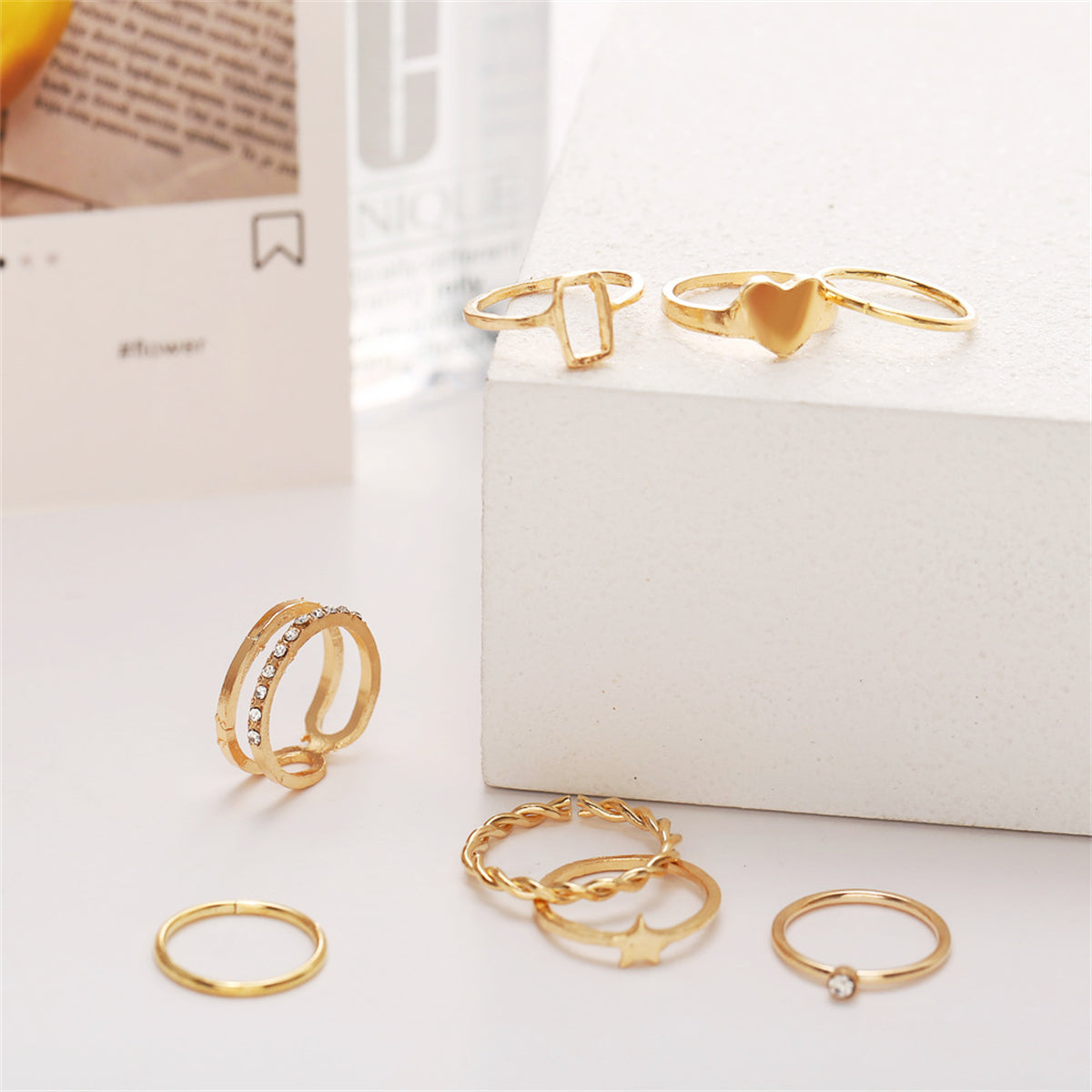 Cubic Zirconia and 18K Gold-Plated Heart Star Band Ring Set, jewelry gift sets for women, botanical inspired, detail close-up