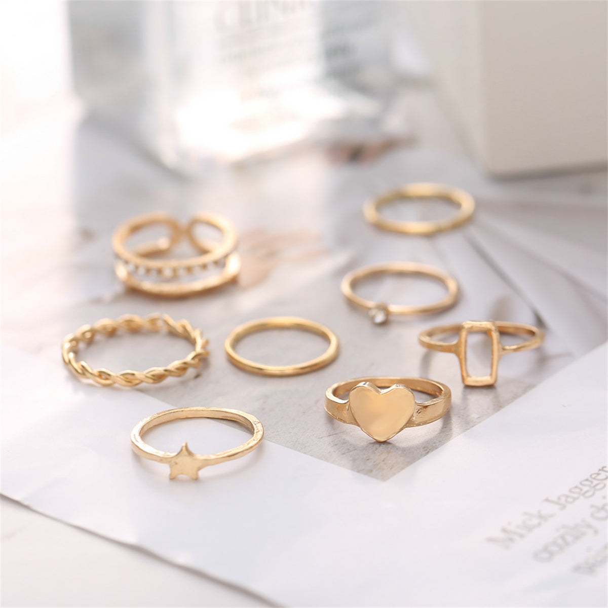 Cubic Zirconia and 18K Gold-Plated Heart Star Band Ring Set, jewelry gift sets for women, botanical inspired, lifestyle look
