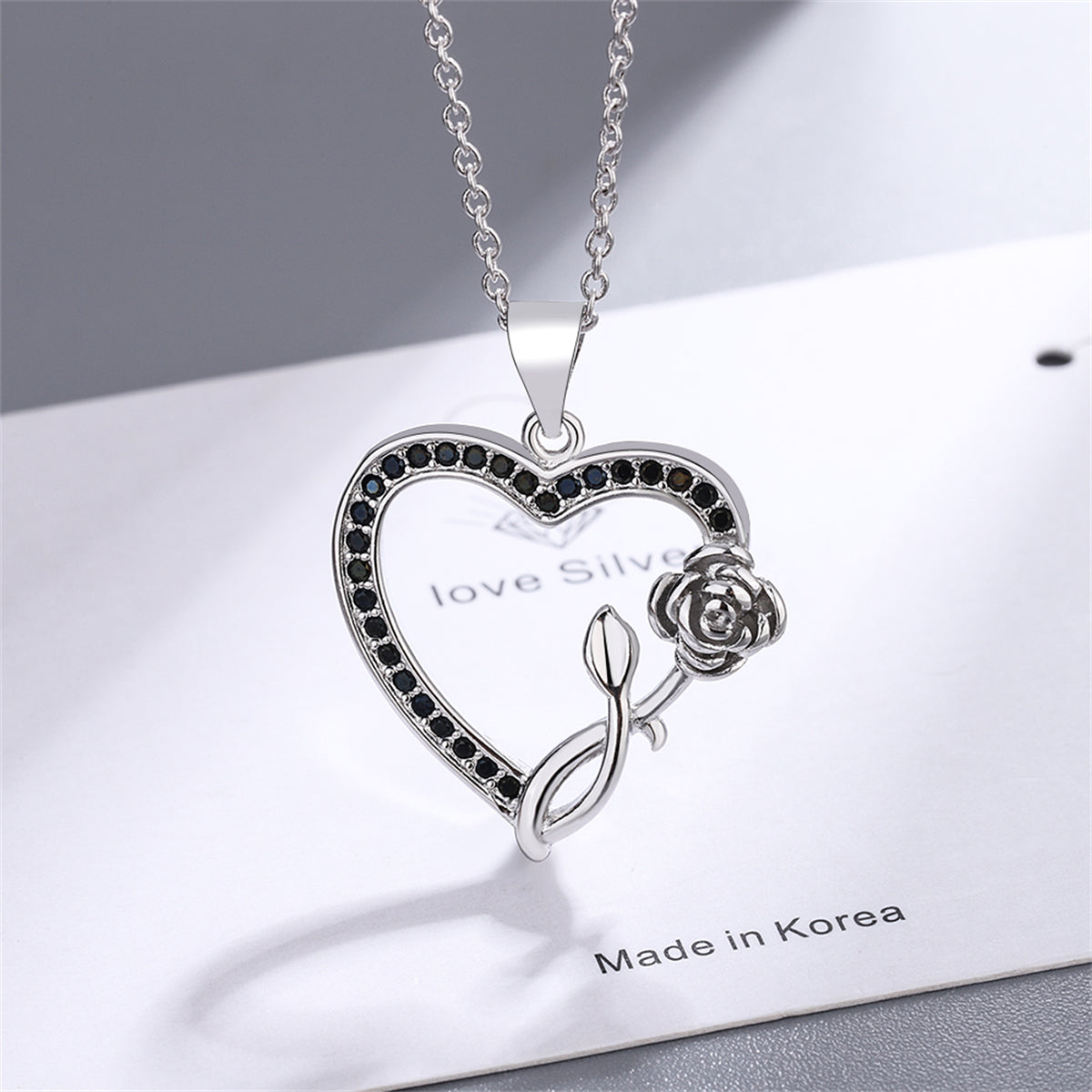 Black Cubic Zirconia & Silver-Plated Rose Heart Pendant Necklace