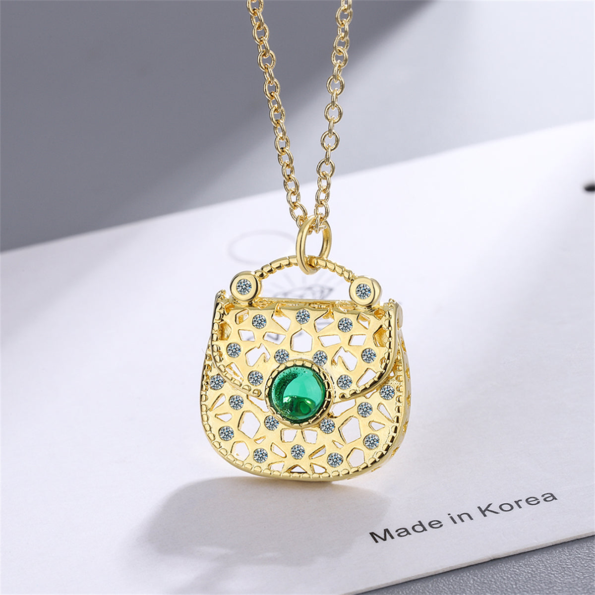 Green Moonstone and Cubic Zirconia Handbag Pendant Necklace, pendant necklace for women, detail close-up
