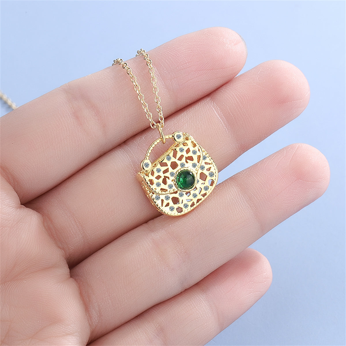 Green Moonstone and Cubic Zirconia Handbag Pendant Necklace, pendant necklace for women, elegant gift for her, lifestyle look