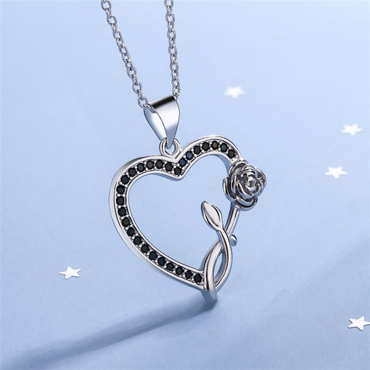 Black Cubic Zirconia and Silver-Plated Rose Heart Pendant Necklace, silver pendant necklace for women, front view