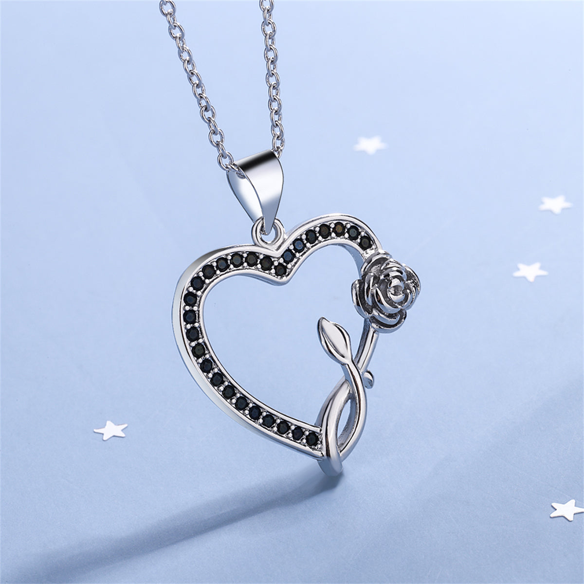 Black Cubic Zirconia & Silver-Plated Rose Heart Pendant Necklace
