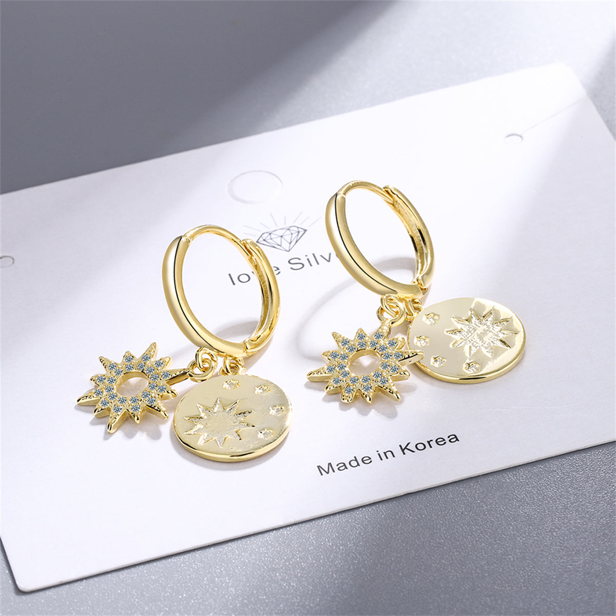 Cubic Zirconia and 18K Gold-Plated Sun Huggie Earrings, gold huggie earrings, dainty minimalist design, side view
