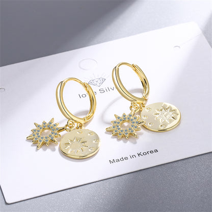Cubic Zirconia and 18K Gold-Plated Sun Huggie Earrings, gold huggie earrings, dainty minimalist design, side view