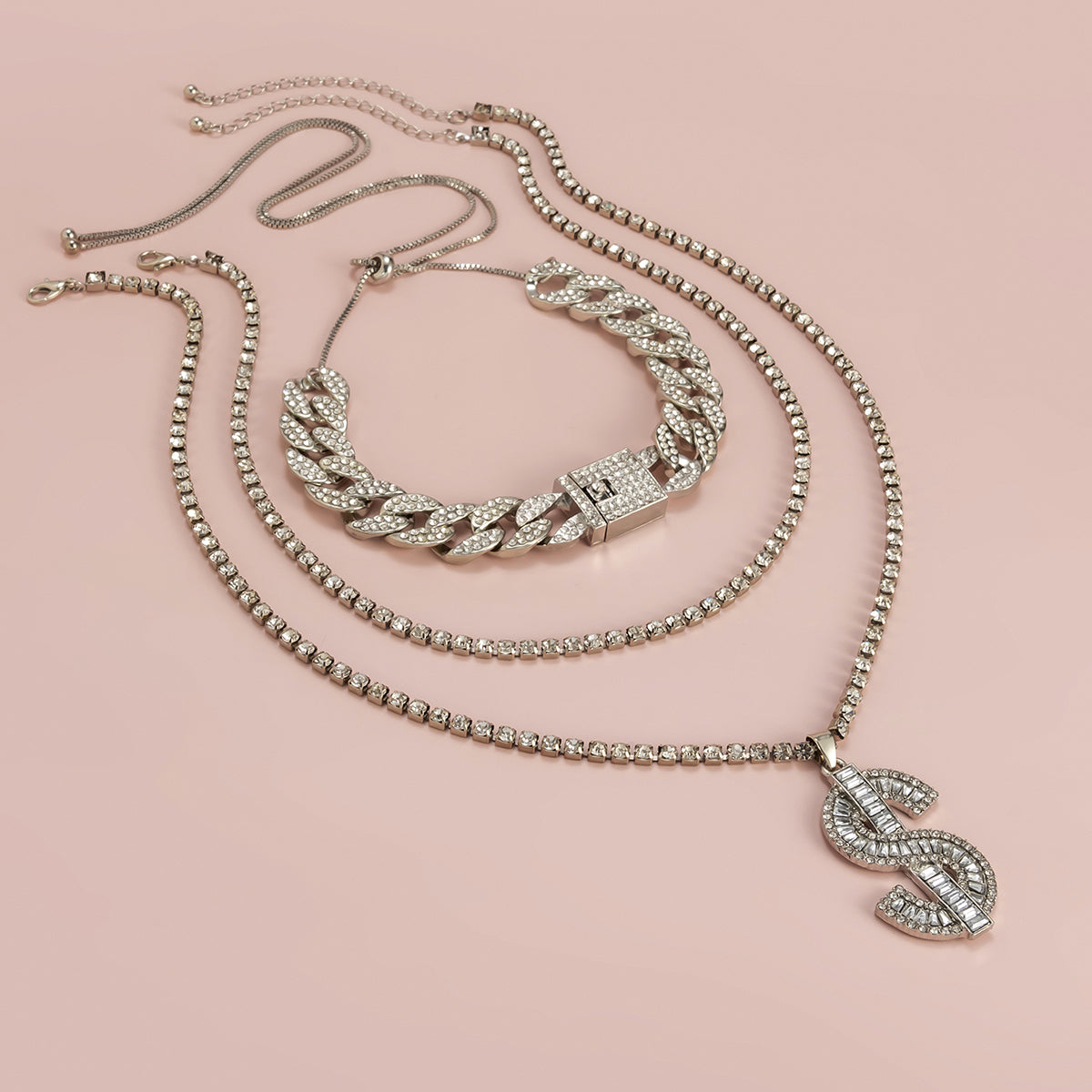 Cubic Zirconia & Silver-Plated Dollar Sign Pendant Necklace Set