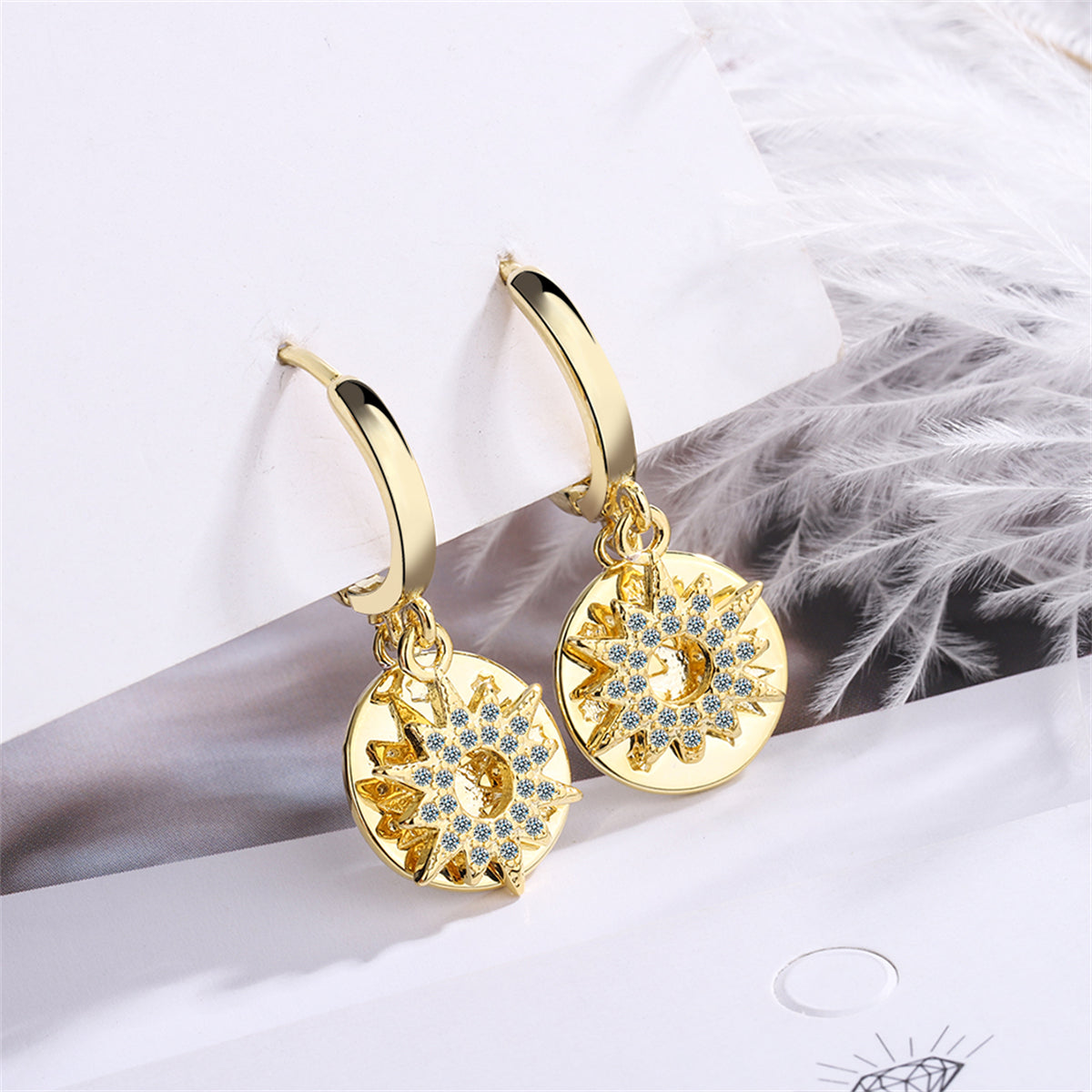 Cubic Zirconia and 18K Gold-Plated Sun Huggie Earrings, gold huggie earrings, dainty minimalist design, front view