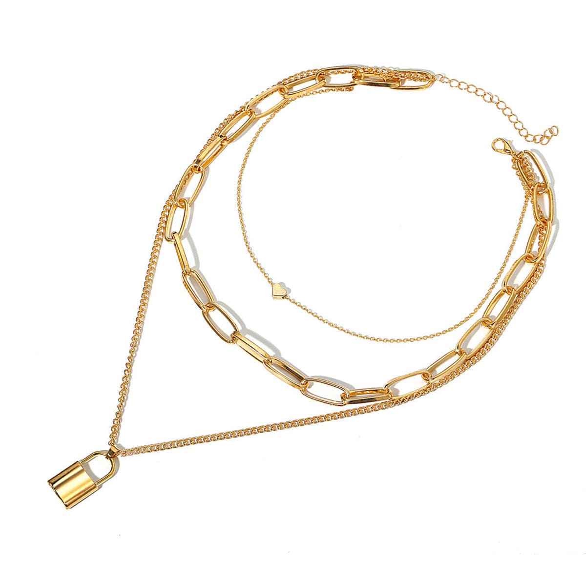 18K Gold-Plated Lock and Heart Pendant Layer Necklace, gold pendant necklace for women, elegant gift for her, side view