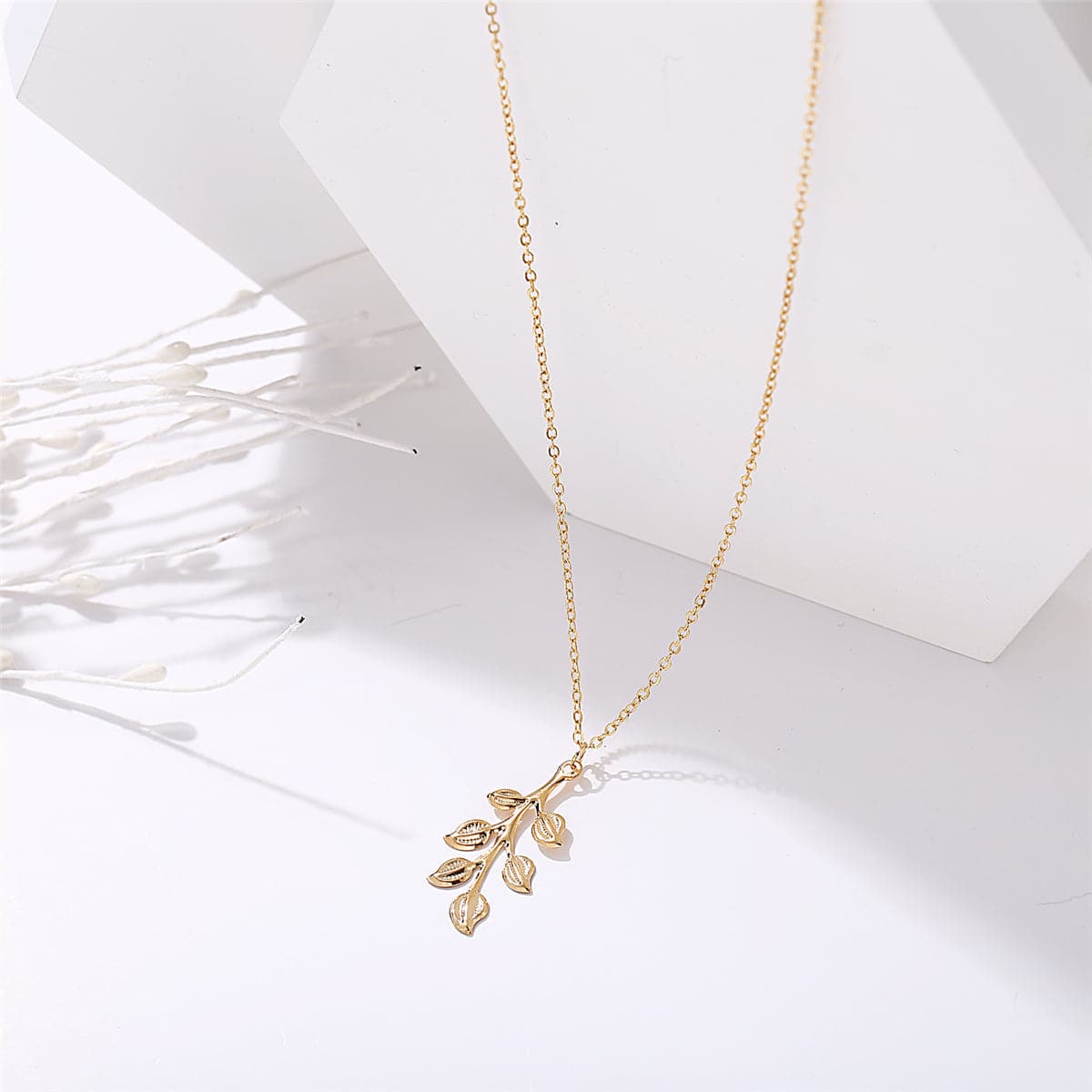 18K Gold-Plated Leaf Pendant Necklace, gold pendant necklace for women, elegant gift for her, front view