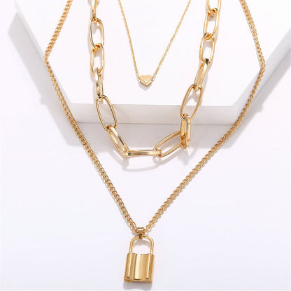 18K Gold-Plated Lock and Heart Pendant Layer Necklace, gold pendant necklace for women, elegant gift for her, detail close-up