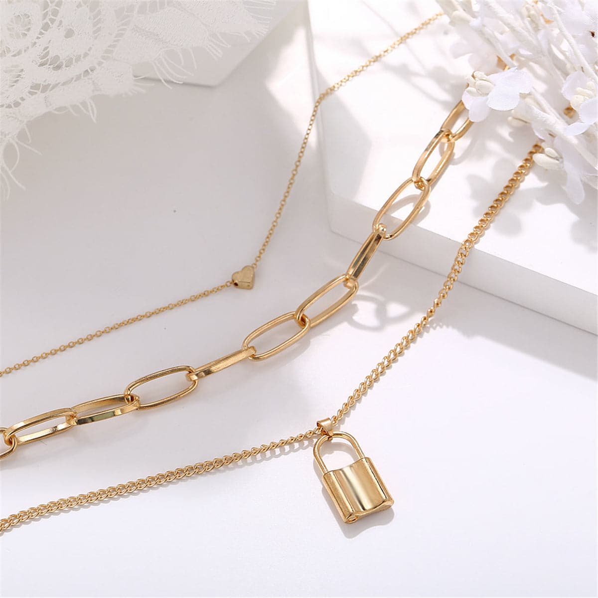 18K Gold-Plated Lock and Heart Pendant Layer Necklace, gold pendant necklace for women, elegant gift for her, lifestyle look