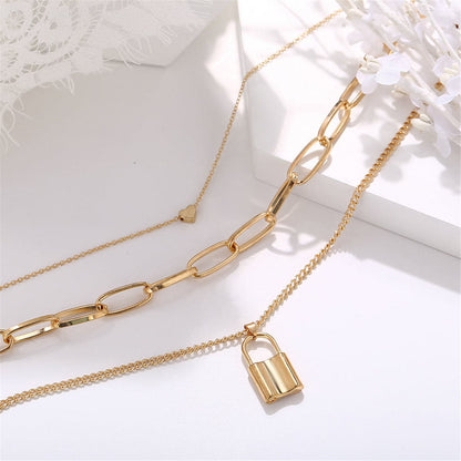 18K Gold-Plated Lock and Heart Pendant Layer Necklace, gold pendant necklace for women, elegant gift for her, lifestyle look