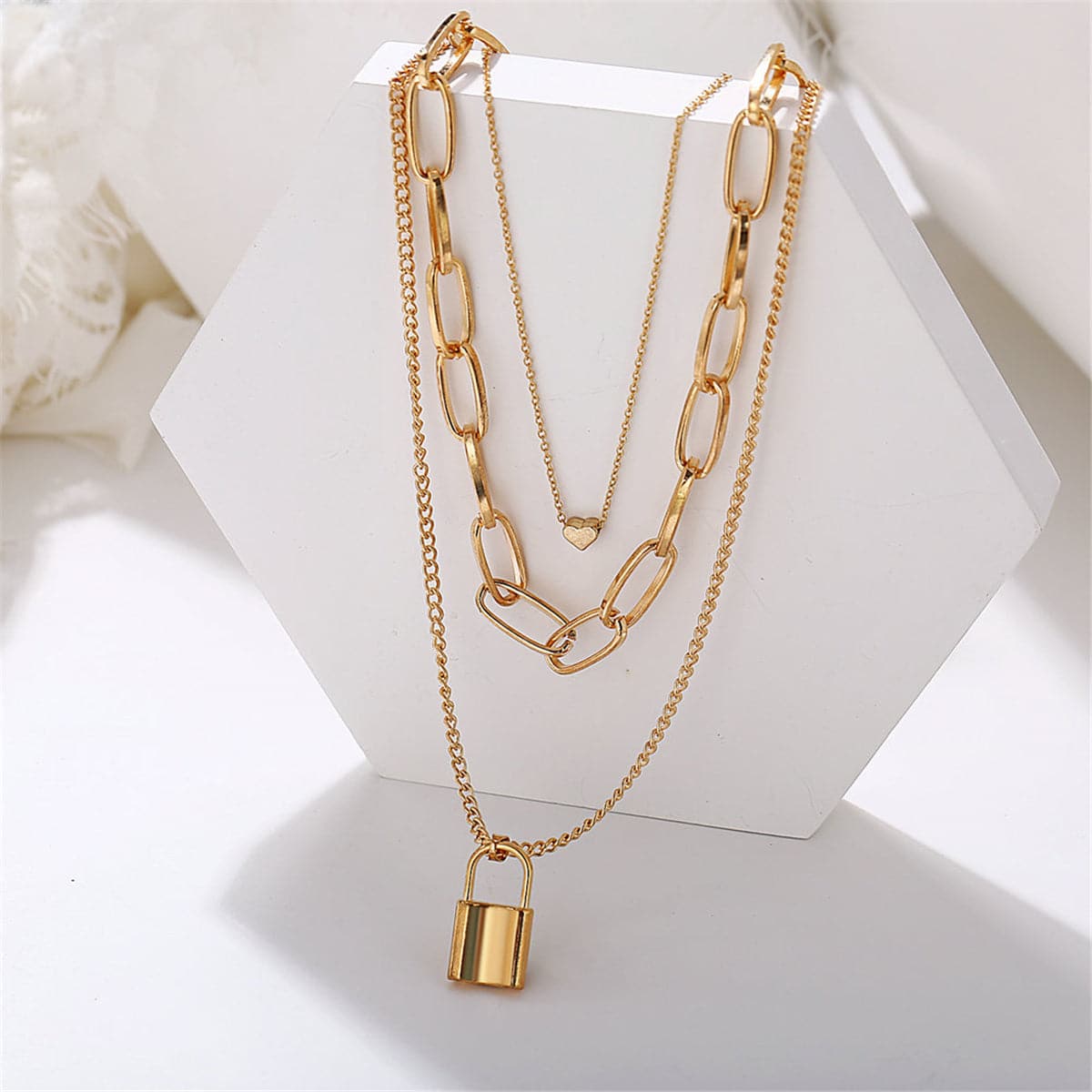 18K Gold-Plated Lock and Heart Pendant Layer Necklace, gold pendant necklace for women, elegant gift for her, styled look