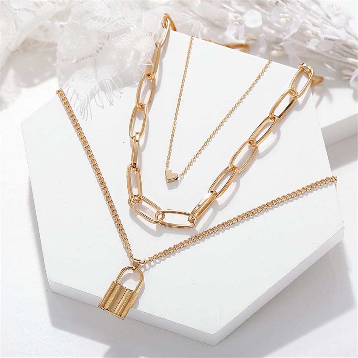 18K Gold-Plated Lock & Heart Pendant Layer Necklace