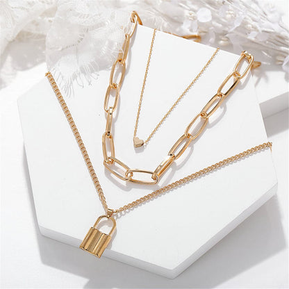 18K Gold-Plated Lock & Heart Pendant Layer Necklace