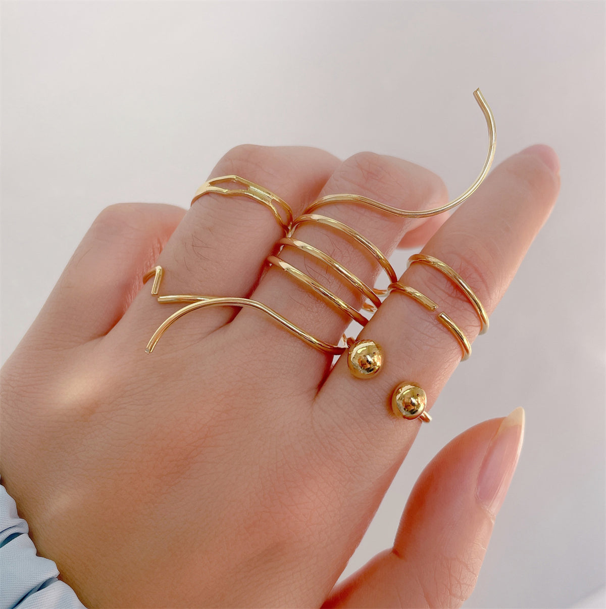 18K Gold-Plated Bead Layered Ring Set, jewelry gift sets for women, botanical inspired, front view