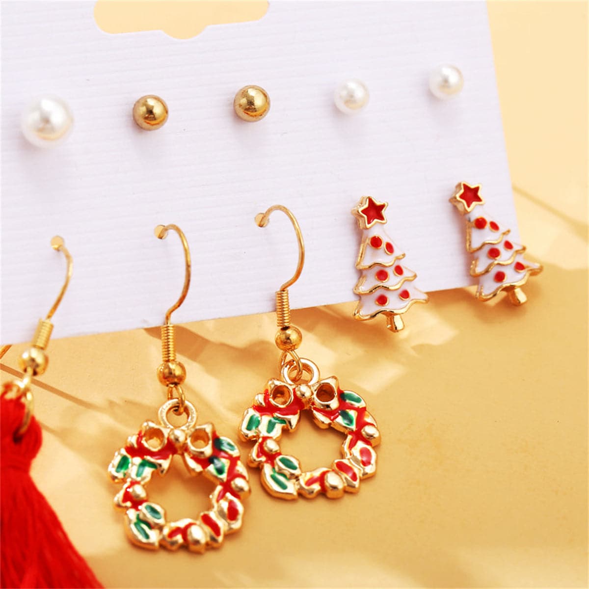 Pearl and Enamel 18K Gold-Plated Christmas Tree Earrings Set, gold stud earrings for women, elegant gift for her, side view