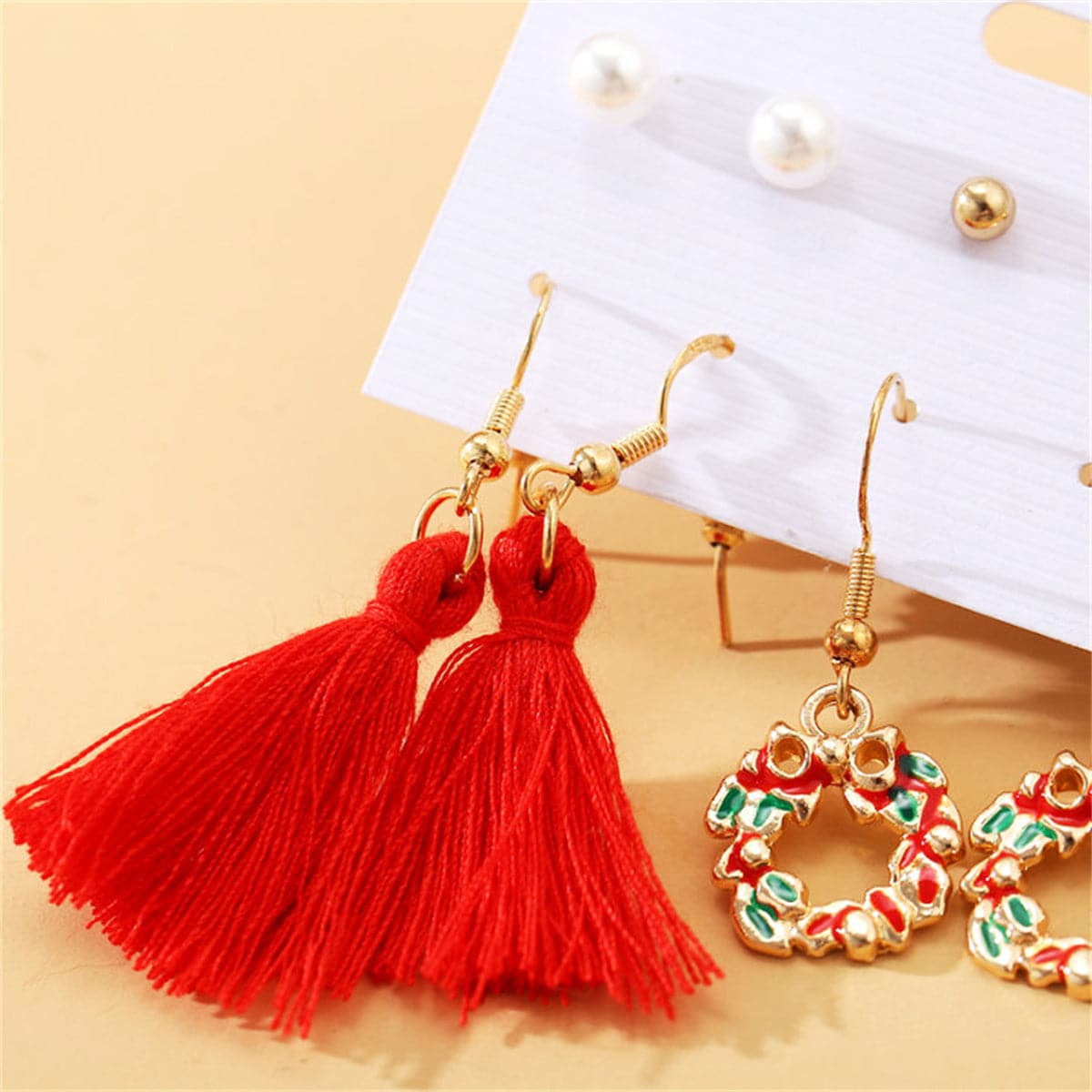 Pearl and Enamel 18K Gold-Plated Christmas Tree Earrings Set, gold stud earrings for women, detail close-up